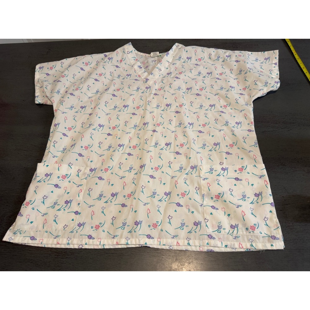 Barco Vintage Scrub Top XL White Floral Tulip Print V-Neck Medical Uniform USA